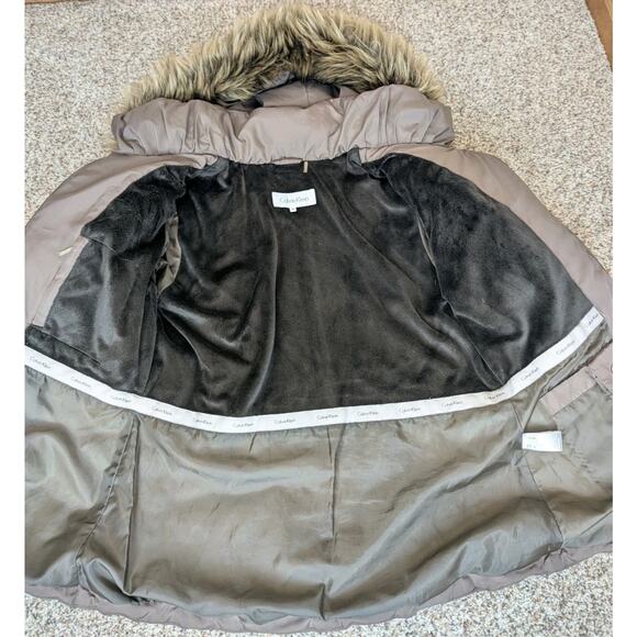Calvin Klein Brown Duck Down Puffer Coat Faux Fur Removable Hood Women's Medium - Picture 6 of 10